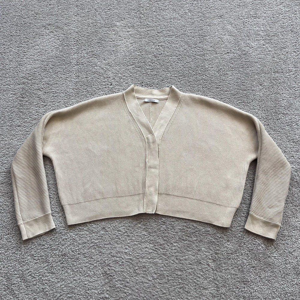 LE17SEPTEMBRE Cropped Cardigan Sweater Womens 34 Beige Cotton V-Neck Knit